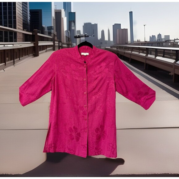Erin by Erin London Button Up Top Women's M Pink Linen Rayon 3/4 Sleeve - Picture 1 of 12
